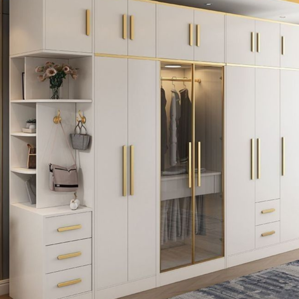 Luxury White 8-Door Wardrobe with Glass Display & Open Shelving
