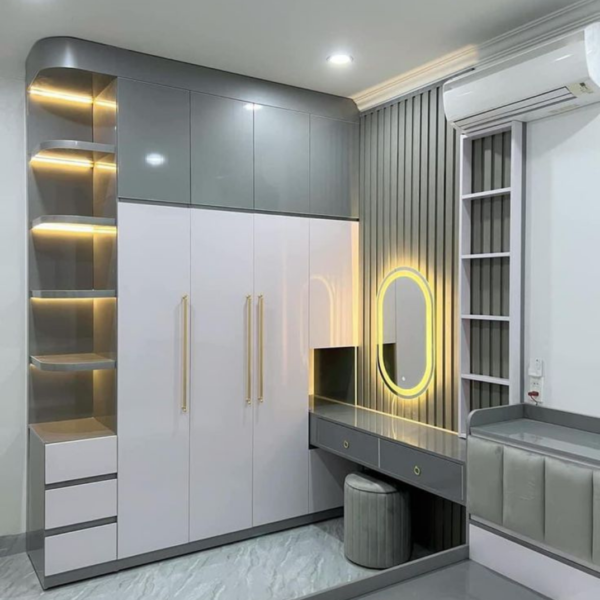 Modern White & Grey Wardrobe with Vanity Unit & LED Display Shelves